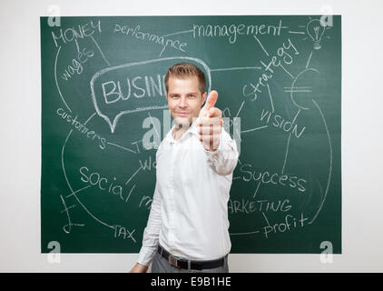 Man debout devant un tableau noir avec un plan d'affaires Banque D'Images