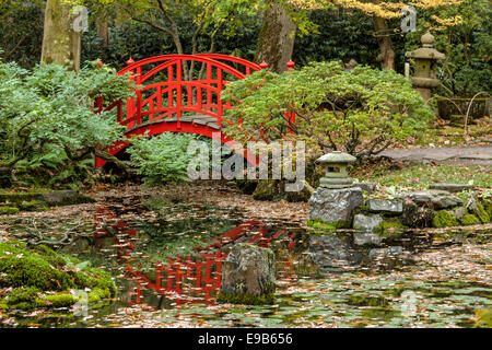 Pont Rouge reflets dans le jardin japonais du parc Clingendael, La Haye, Hollande méridionale, Pays-Bas. Banque D'Images