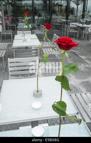 Cadre romantique avec des roses rouges sur les tables à ce café/restaurant en haut du centre Pompidou,Paris,France. Banque D'Images