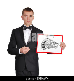 Man in tuxedo holding clipboard avec dollar dessin Banque D'Images