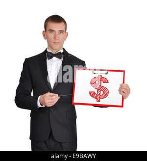 Man in tuxedo holding clipboard avec dollar Banque D'Images