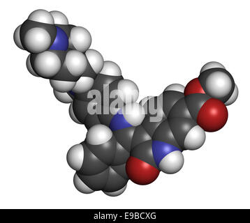 Cancer Nintedanib molécule pharmaceutique. Inhibiteur de l'angiogenèse. Les atomes sont représentés comme des sphères classiques avec codage couleur : hydrog Banque D'Images