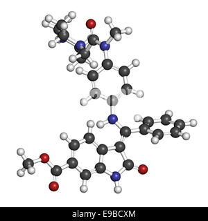 Cancer Nintedanib molécule pharmaceutique. Inhibiteur de l'angiogenèse. Les atomes sont représentés comme des sphères classiques avec codage couleur : hydrog Banque D'Images