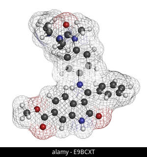 Cancer Nintedanib molécule pharmaceutique. Inhibiteur de l'angiogenèse. Les atomes sont représentés comme des sphères classiques avec codage couleur : hydrog Banque D'Images