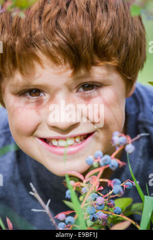 Portrait d'un jeune garçon de manger des bleuets frais du jardin Banque D'Images