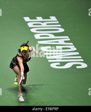 Singapour. 24 Oct, 2014. La Pologne Agnieszka Radwanska renvoie la balle pendant le round robin du groupe blanc match contre Maria Sharapova à la Russie le WTA finale au Singapore Indoor Stadium, le 24 octobre 2014. Agnieszka Radwanska a perdu 1-2. Credit : Puis Chih Wey/Xinhua/Alamy Live News Banque D'Images