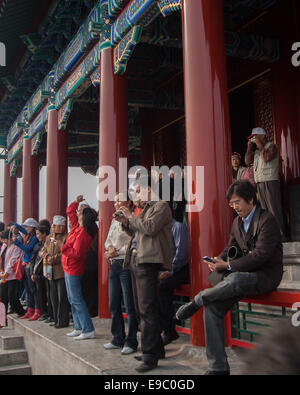 18 octobre 2006 - Beijing, Chine - touristes voir La Porte de la Divine pourrait (Shenwumen), également connu comme la porte de la prouesse Divine, la porte nord de la Cité Interdite, de Prospect Hill dans le Parc Jingshan. Dans le centre de Pékin, la Cité Interdite complexe de 980 bâtiments, construit en 1406-1420, a été le palais impérial chinois pendant 500 ans à partir de la dynastie Ming à la fin de la dynastie Qing et était à la maison aux empereurs et à leurs familles, ainsi que le cérémonial et centre politique du gouvernement chinois (crédit Image : © Arnold Drapkin/Zuma sur le fil) Banque D'Images