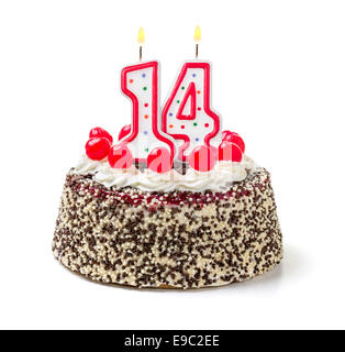 Gâteau d'anniversaire avec les bougies numéro 14 Banque D'Images