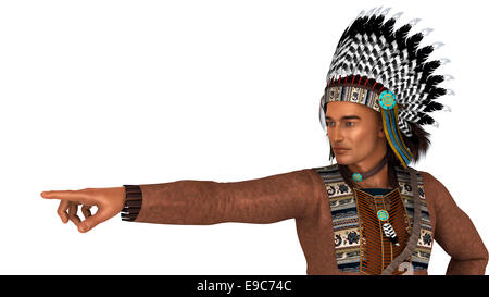 Numérique 3D render of a Native American man wearing a war bonnet pointant sur quelque chose d'isolé sur fond blanc Banque D'Images