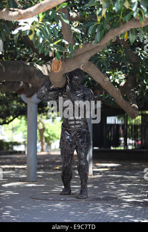 Statue d'un homme tenant la branche d'un arbre' 'Gomero (Ficus elastica) dans la région de Plaza Francia. Recoleta, Buenos Aires, Argentine. Banque D'Images