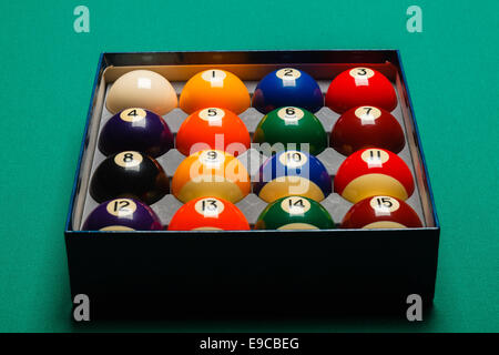 Vue de dessus d'un ensemble complet de boules de billard à l'intérieur d'un fort Banque D'Images