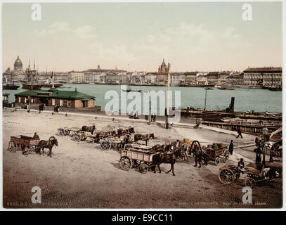 Une photographie montrant la rivière Neva à Pétersbourg, Russie, avec divers animaux aquatiques, bateaux, bâtiments et chevaux visibles le long des berges. L'image capture une vue panoramique de cette voie navigable emblématique et de la vie vibrante de la ville. Banque D'Images