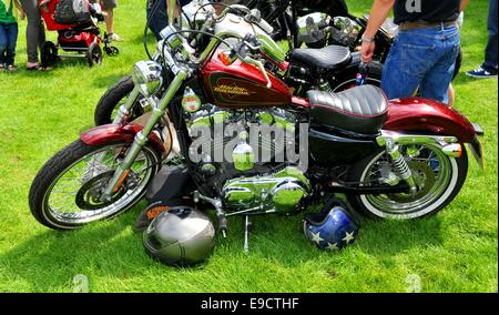 NOTTINGHAM, Royaume-Uni. 1 juin 2014 : Détail d'une Harley Davidson moto vintage à vendre à Nottingham, Angleterre. Banque D'Images