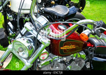 NOTTINGHAM, Royaume-Uni. 1 juin 2014 : Détail d'une Harley Davidson moto vintage à vendre à Nottingham, Angleterre. Banque D'Images