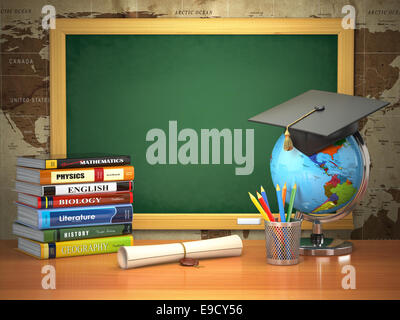 L'éducation scolaire concept. Conseil de mortier, Blackboard, manuels scolaires, globe et des crayons. 3d Banque D'Images