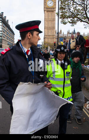 Londres, Royaume-Uni. 25 octobre, 2014. Des militants de la démocratie continuent d'occuper leur petite protestation contre le capitalisme 'usurpation de la démocratie", à l'extérieur du Parlement. Ils exigent que le gouvernement met les gens avant le profit" et que le projet de protocole TTIP entre l'Europe et les États-Unis est tombé, et que les tentatives de privatiser davantage le NHS et autres services publics sont arrêtés. Crédit : Paul Davey/Alamy Live News Banque D'Images