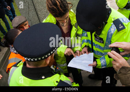 Londres, Royaume-Uni. 25 octobre, 2014. Des militants de la démocratie continuent d'occuper leur petite protestation contre le capitalisme 'usurpation de la démocratie", à l'extérieur du Parlement. Ils exigent que le gouvernement met les gens avant le profit" et que le projet de protocole TTIP entre l'Europe et les États-Unis est tombé, et que les tentatives de privatiser davantage le NHS et autres services publics sont arrêtés. Crédit : Paul Davey/Alamy Live News Banque D'Images