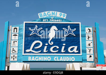 Licia, station balnéaire, zone de baignade, beach, bagni, signe, ciel, Plage, Senigallia Banque D'Images