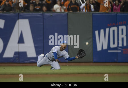 25 octobre 2014 - San Francisco, Californie, USA - Kansas Ville royal center fielder Jarrod Dyson fait une capture de plongée sur une boule le départ de San Francisco le voltigeur des géants de Juan Perez. Hunter Pence a marqué sur le jeu dans le jeu 4 de la Série mondiale à AT&T Park à San Francisco, Californie le Vendredi, Octobre 25, 2014. (Crédit Image : © Jose Luis Villegas/Sacramento Bee/Zuma sur le fil) Banque D'Images