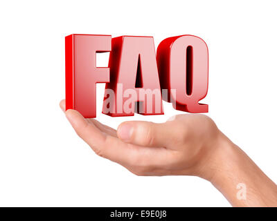 Image de la main qui tient la foire aux questions. FAQ concept. 3d illustration sur fond blanc Banque D'Images