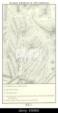 Une illustration de l'œuvre de Maccoun de 1899 représentant Wadi Feiran et le mont Serbal, situé dans la péninsule du Sinaï. La région est connue pour son importance géologique et historique, en particulier dans le contexte des voyages anciens et de l'histoire biblique. Banque D'Images