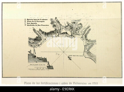 Cette carte de 1712, intitulée Plano de las fortificaciones, représente les fortifications de Valparaíso, au Chili. La carte offre une vue détaillée des défenses de la ville au début du XVIIIe siècle, époque où Valparaíso était un port important de l'Empire espagnol. Banque D'Images