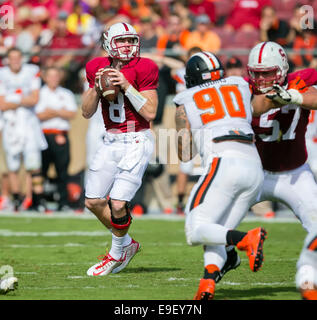 25 octobre 2014 : Stanford Cardinal quarterback Kevin Hogan (8) en action au cours de la NCAA Football match entre le Stanford Cardinal et l'Oregon State Beavers au stade de Stanford à Palo Alto, CA. Stanford a défait l'Oregon State 38-14. Damon Tarver/Cal Sport Media Banque D'Images