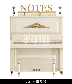 Piano droit blanc classique avec des livres,bougies et partitions isolé sur blanc - le rendu 3D Banque D'Images
