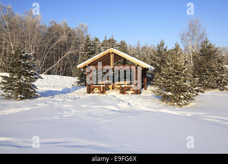 Gazebo en bois dans la forêt d'hiver. Banque D'Images