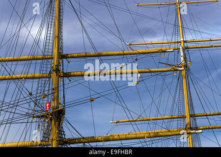 Tall Ship mâts de l'ancienne école de voile navire contre nuageux ciel bleu Banque D'Images