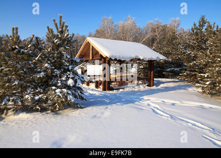 Gazebo en bois dans la forêt d'hiver. Banque D'Images
