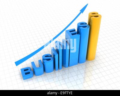 Texte 3D 'AFFAIRES' avec panneau de flèche sur fond de grille. Banque D'Images