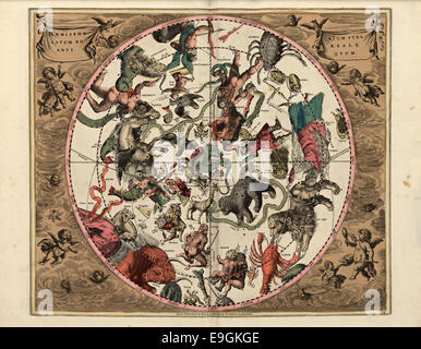 Une carte céleste de 1708 par Andreas Cellarius, représentant les étoiles de l'hémisphère nord. La carte met en évidence le ciel étoilé et les constellations connues au début du XVIIIe siècle. Banque D'Images