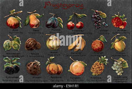 Une carte postale vintage sur le thème de la Saint-Valentin, avec un accent sur les fruits comme symbole. La carte représente 'Fruktspråket' (la langue du fruit) et célèbre 'Alle hjerters dag' (Journée de tous les cœurs), une journée associée à l'amour et à l'affection. Banque D'Images