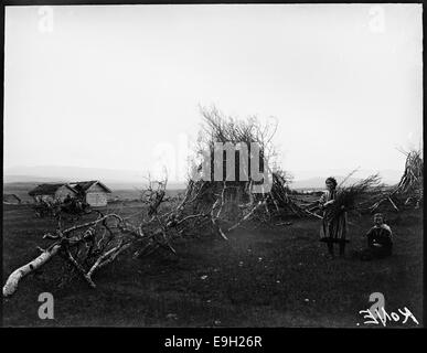 Une photographie de Robert Collett montrant une femme sami en tenue traditionnelle, capturée dans un cadre paysager. Cette image met en valeur la culture sami et son lien avec l'environnement naturel, préservé par la Bibliothèque nationale de Norvège. Banque D'Images
