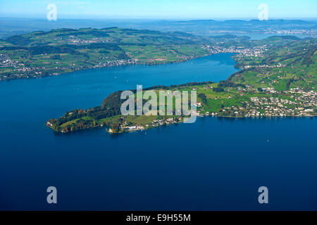 Vue depuis le mont Bürgenstock de Hertenstein péninsule dans le lac de Lucerne avec la ville de Weggis, Canton de Lucerne, Suisse Banque D'Images