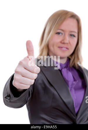 Businesswoman showing thumb's up signe sur le fond blanc Banque D'Images