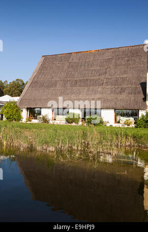 Un toit de chaume typique sur un restaurant sur la rive du lac de l'Albufera à Valence, en Espagne. Banque D'Images