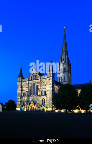 Extérieur de la 13e siècle, la cathédrale de Salisbury, Salisbury de nuit, ville du comté de Wiltshire, Angleterre, Royaume-Uni Banque D'Images