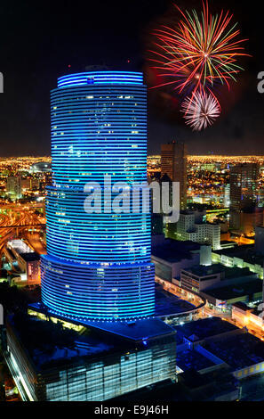 Vue de la ville de Miami au cours d'un feu d'artifice. Banque D'Images