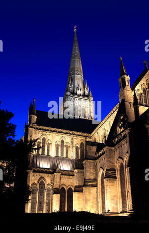 Extérieur de la 13e siècle, la cathédrale de Salisbury, Salisbury de nuit, ville du comté de Wiltshire, Angleterre, Royaume-Uni Banque D'Images