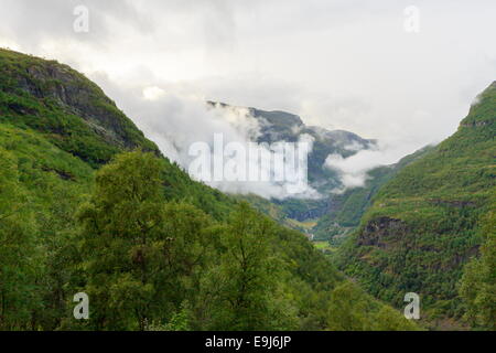Vue sur le chariot d'une fenêtre sur le chemin de fer de Flåm comme il decends la vallée Banque D'Images