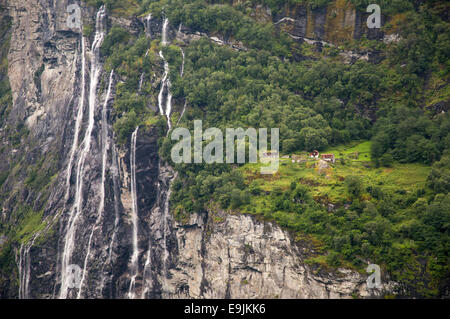 Knivsflå assis ferme d'environ 250 mètres au-dessus du fjord près de la cascade des sept Sœurs de fjord de Geiranger, Norvège. Banque D'Images