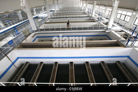 (141029) -- BEIJING, 29 octobre 2014 (Xinhua) -- un travailleur passe devant écran étangs à Guogongzhuang l'usine d'eau à Beijing, capitale de Chine, le 24 octobre 2014. L'usine d'eau Guogongzhuang a passé un test de fonctionnement et est capable de purifier l'eau qui seront transférées à Beijing par le sud/nord. L'usine, situé dans le sud de Beijing, est la première grande usine de l'eau construit par la ville dans le centre-ville pour le projet depuis 2000. Il est prévu pour fournir 500 000 mètres cubes d'eau par jour pour répondre à la demande de près de cinq millions d'habitants de Pékin. (Xinhua/Yin Ga Banque D'Images