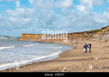 Les vacanciers en marchant le long de la plage au Brook Bay sur la côte sud de l'île de Wight. Banque D'Images