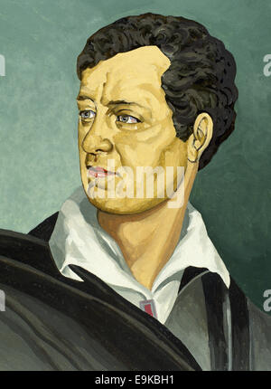 Lord Byron (1788-1824). Poète anglais. Le mouvement romantique. Portrait. L'aquarelle. Banque D'Images