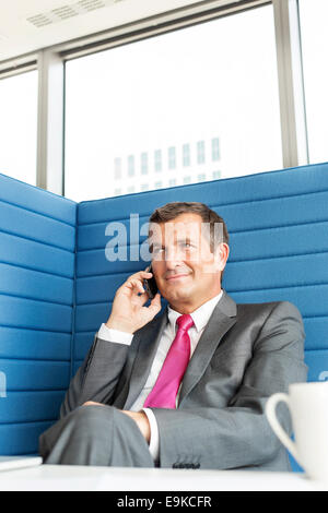 Smiling mature businessman talking on cell phone in office Banque D'Images