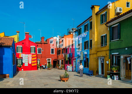 Maisons peintes de couleurs vives dans l'île de Burano, Venise, Vénétie, Italie Banque D'Images