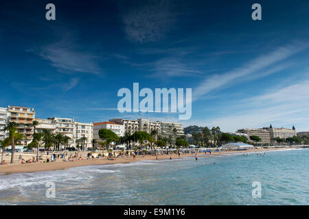 Vue générale de la plage de Cote d Azur de Cannes, sud de la France, sur la route de La Croisette. Banque D'Images