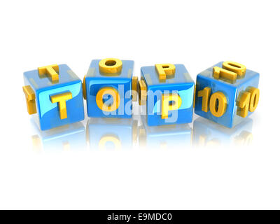 Texte 3d jaune TOP10 on reflective cubes bleus. Banque D'Images
